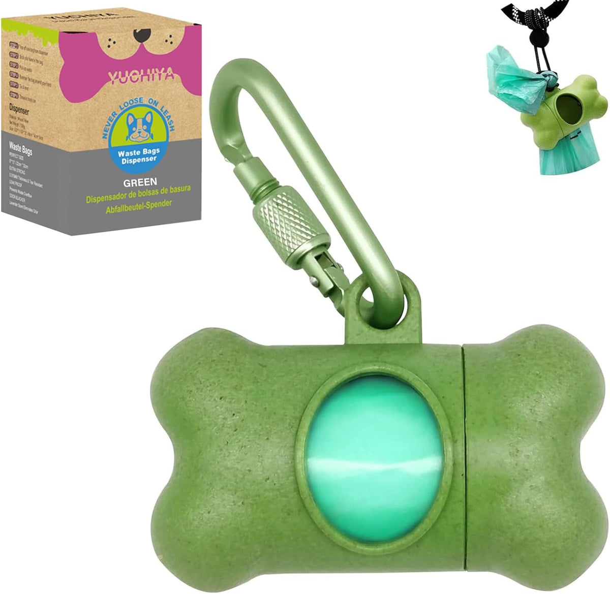 Dog Poop Pickup Bags Holder Dispenser with Standard-Sized Leak-Proof Scented Doggy Waste Bags and Carabiner with Safety Lock&Fastener Never Loose on Leash Lead Again (1 Holder 15 Bags, Black)