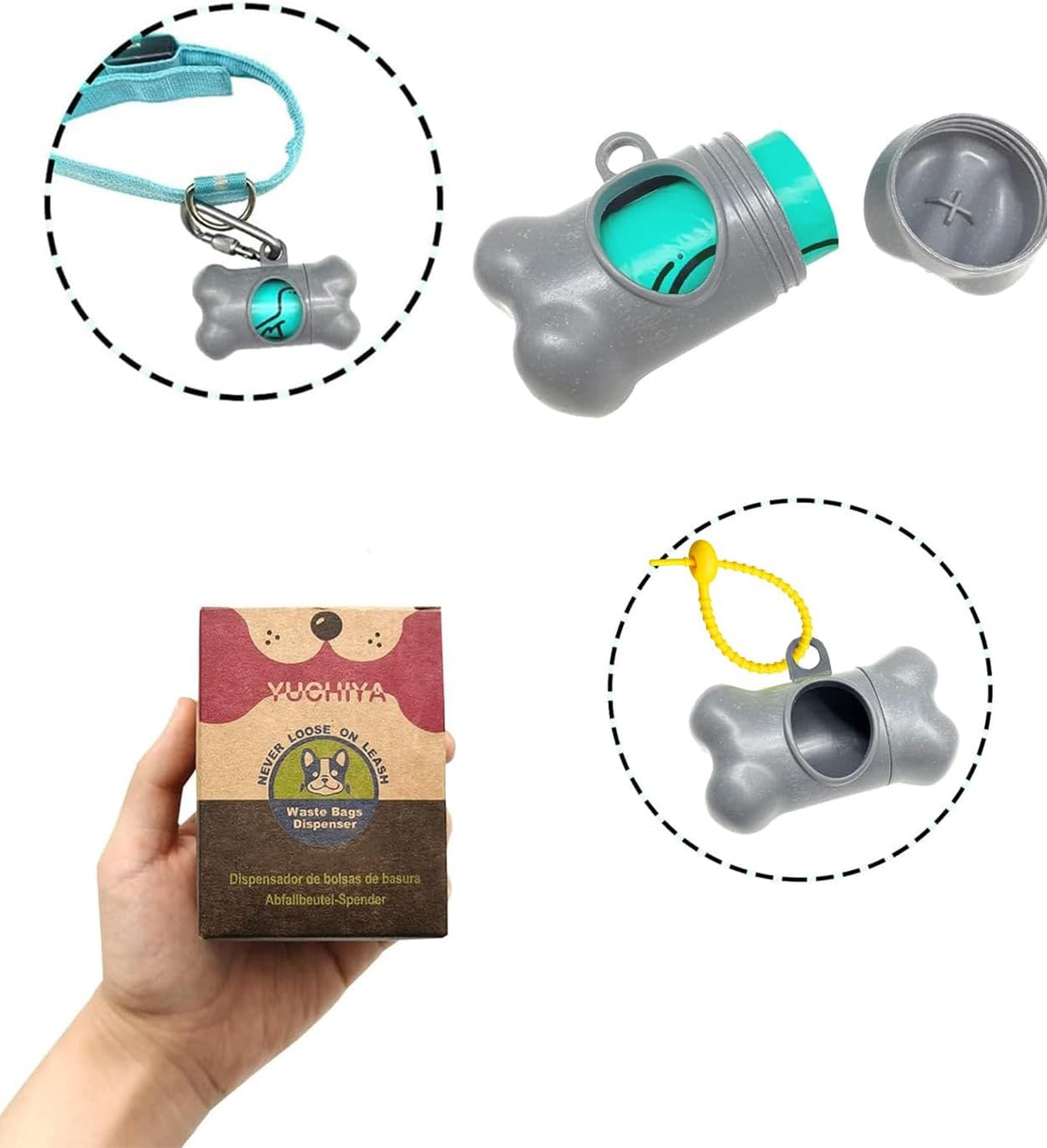 Dog Poop Pickup Bags Holder Dispenser with Standard-Sized Leak-Proof Scented Doggy Waste Bags and Carabiner with Safety Lock&Fastener Never Loose on Leash Lead Again (1 Holder 15 Bags, Black)