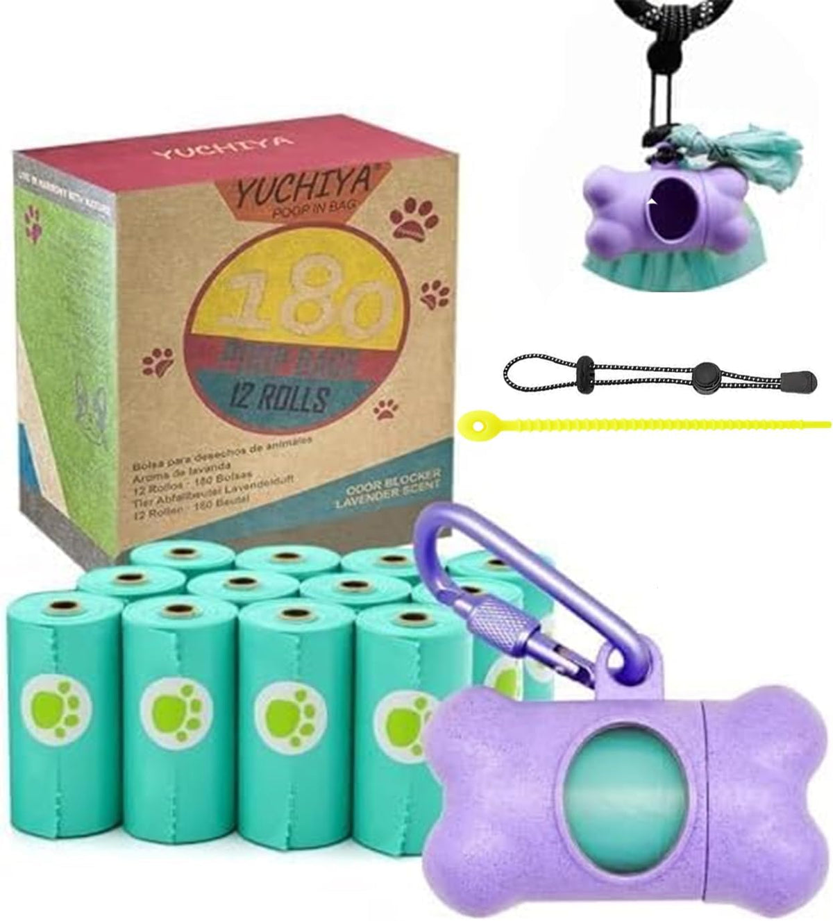 Dog Poop Pickup Bags Holder Dispenser with Standard-Sized Leak-Proof Scented Doggy Waste Bags and Carabiner with Safety Lock&Fastener Never Loose on Leash Lead Again (1 Holder 15 Bags, Black)
