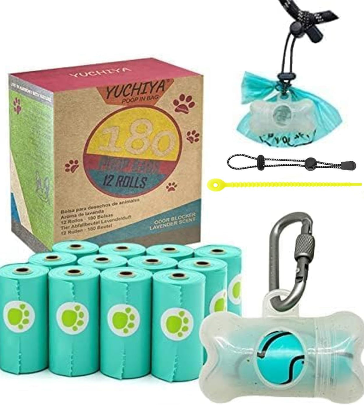 Dog Poop Pickup Bags Holder Dispenser with Standard-Sized Leak-Proof Scented Doggy Waste Bags and Carabiner with Safety Lock&Fastener Never Loose on Leash Lead Again (1 Holder 15 Bags, Black)
