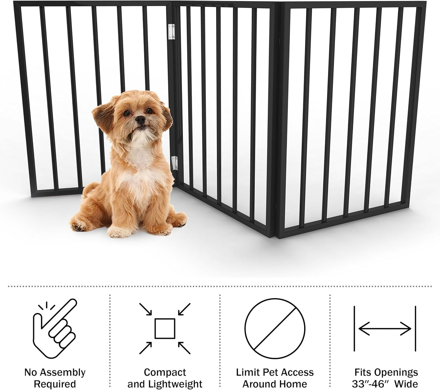 Pet Gate - 4-Panel Indoor Foldable Dog Fence for Stairs, Hallways, or Doorways - 72x24-Inch Wood Freestanding Dog Gates (Black)