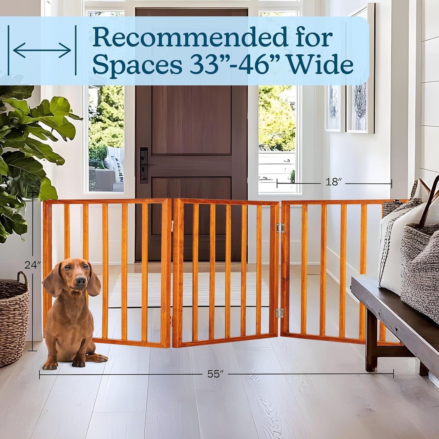 Pet Gate - 4-Panel Indoor Foldable Dog Fence for Stairs, Hallways, or Doorways - 72x24-Inch Wood Freestanding Dog Gates (Black)
