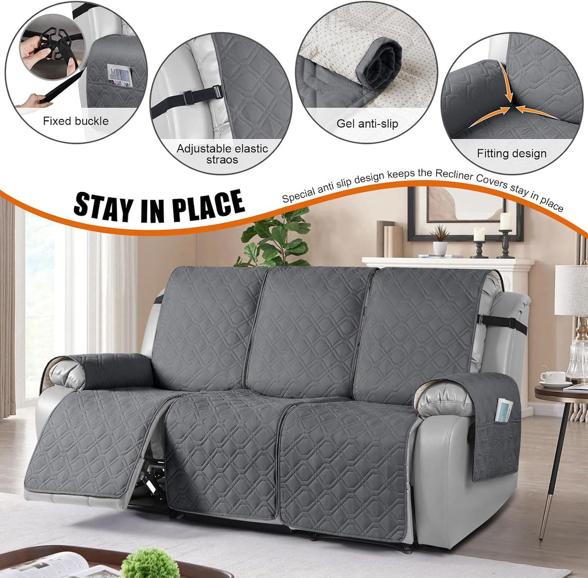 VANSOFY Waterproof Recliner Couch Covers Washable, Dark Gray,3 Seater