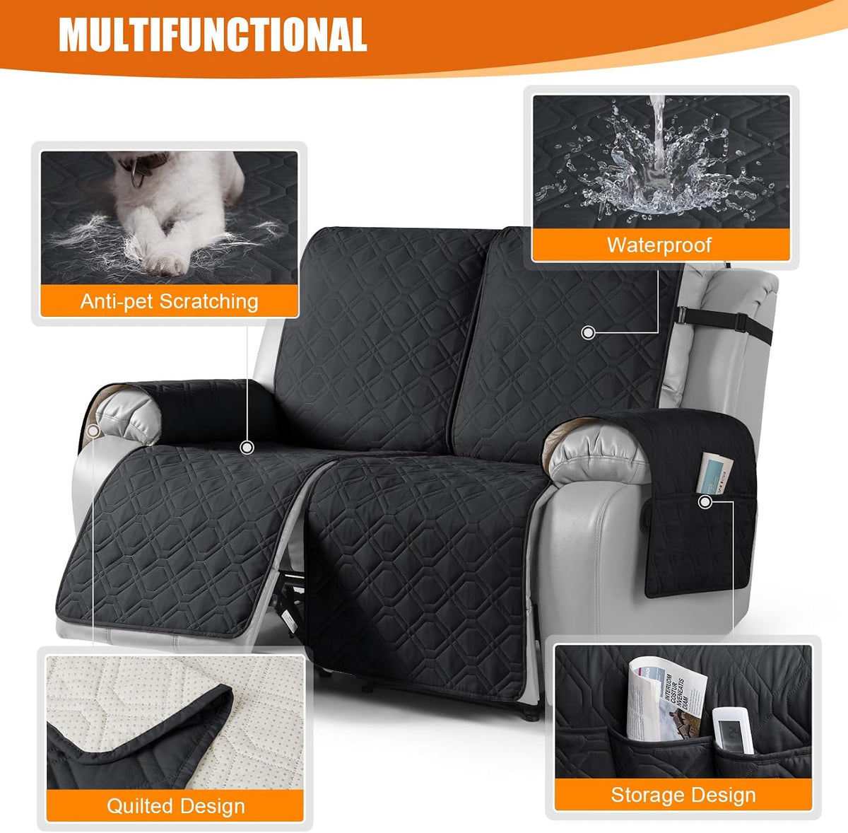 VANSOFY Waterproof Recliner Couch Covers Washable, Dark Gray,3 Seater