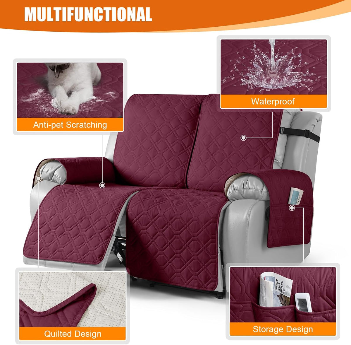 VANSOFY Waterproof Recliner Couch Covers Washable, Dark Gray,3 Seater