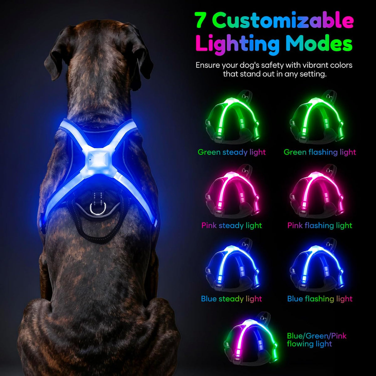 Light Up Dog Harness, Multicolor LED Reflective Vest, Glow in The Dark Safety Dog Harness, USB-C Rechargeable with Battery Indicator, Adjustable No-Pull Lighted Harness for Night Walking (Large)