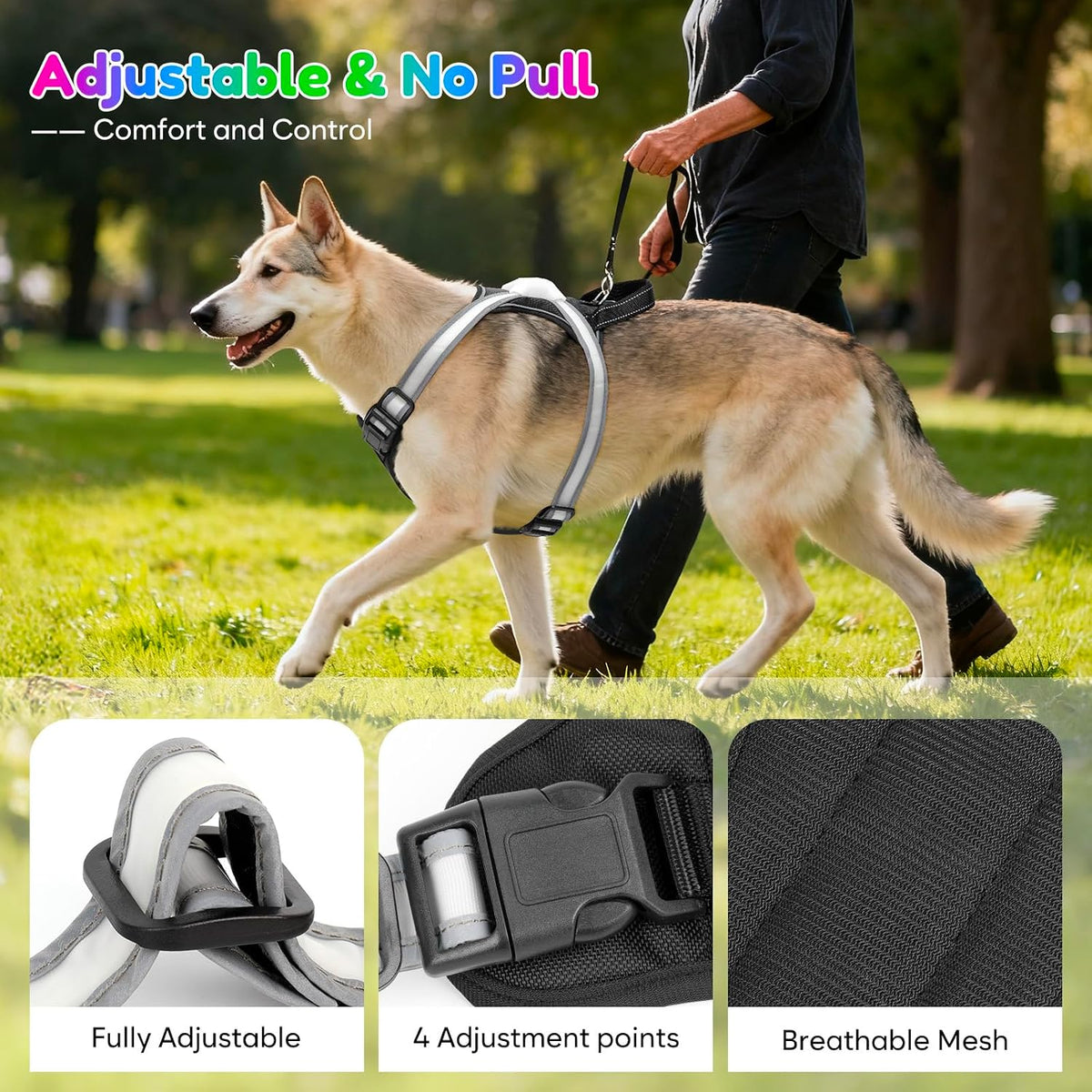 Light Up Dog Harness, Multicolor LED Reflective Vest, Glow in The Dark Safety Dog Harness, USB-C Rechargeable with Battery Indicator, Adjustable No-Pull Lighted Harness for Night Walking (Large)