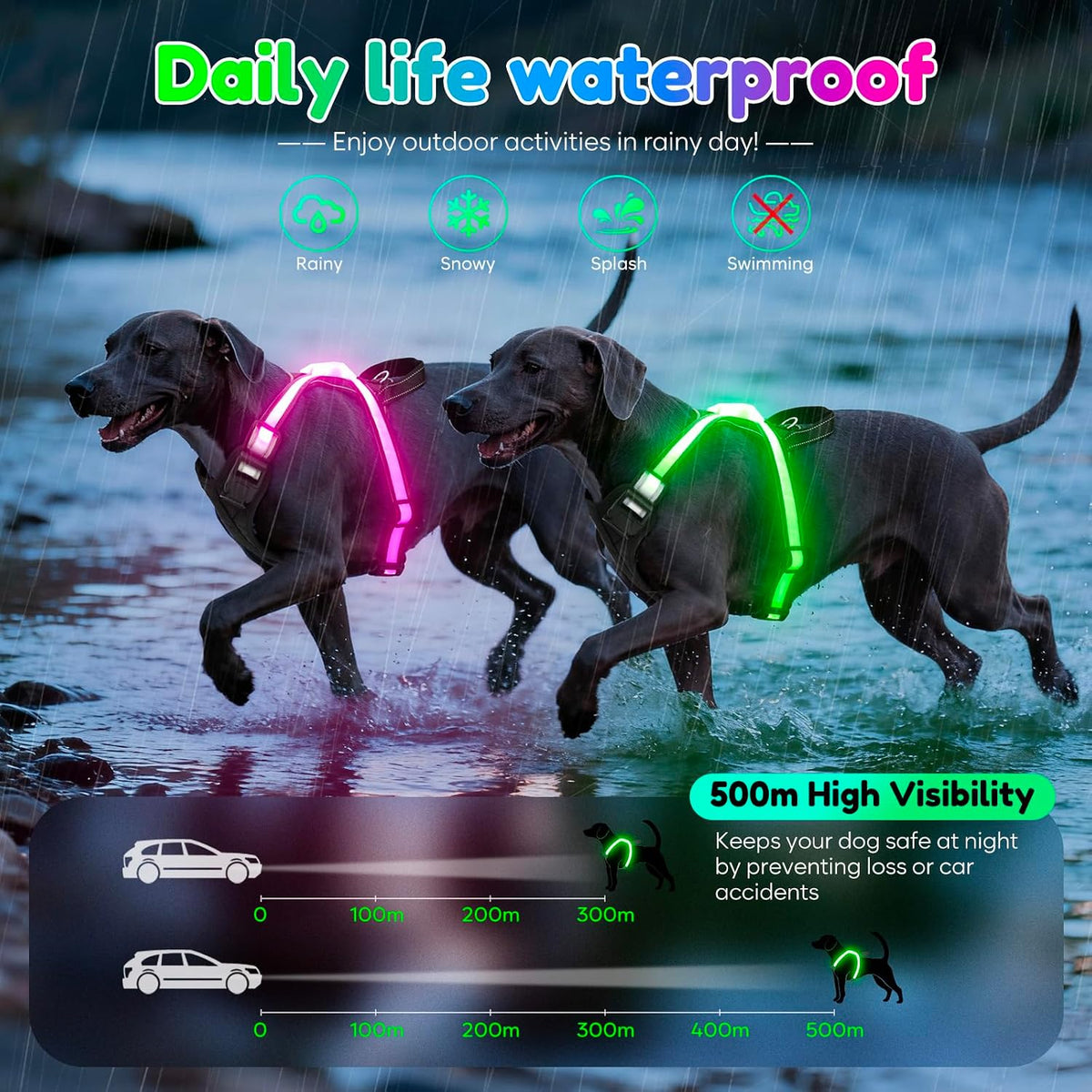 Light Up Dog Harness, Multicolor LED Reflective Vest, Glow in The Dark Safety Dog Harness, USB-C Rechargeable with Battery Indicator, Adjustable No-Pull Lighted Harness for Night Walking (Large)