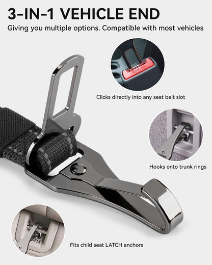 3-in-1 Bungee Dog Seat Belt for Car, Medium and Large Dogs, Black
