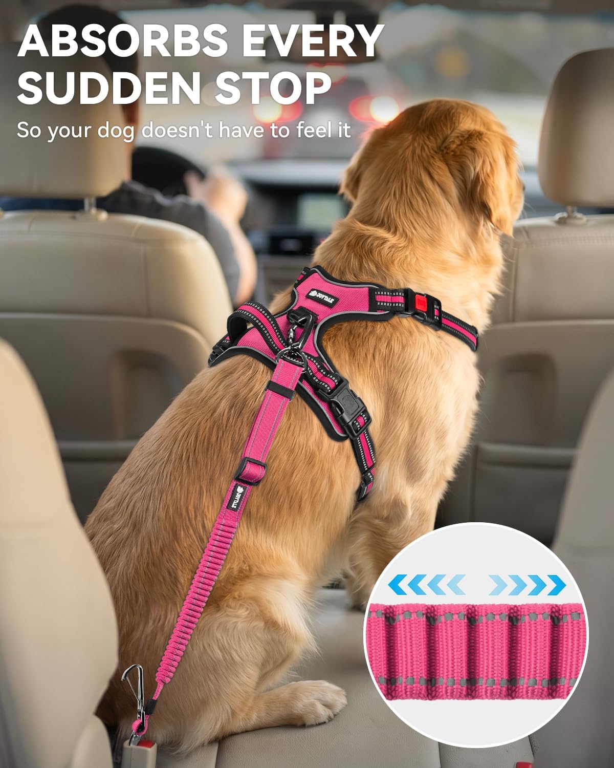 3-in-1 Bungee Dog Seat Belt for Car, Medium and Large Dogs, Black