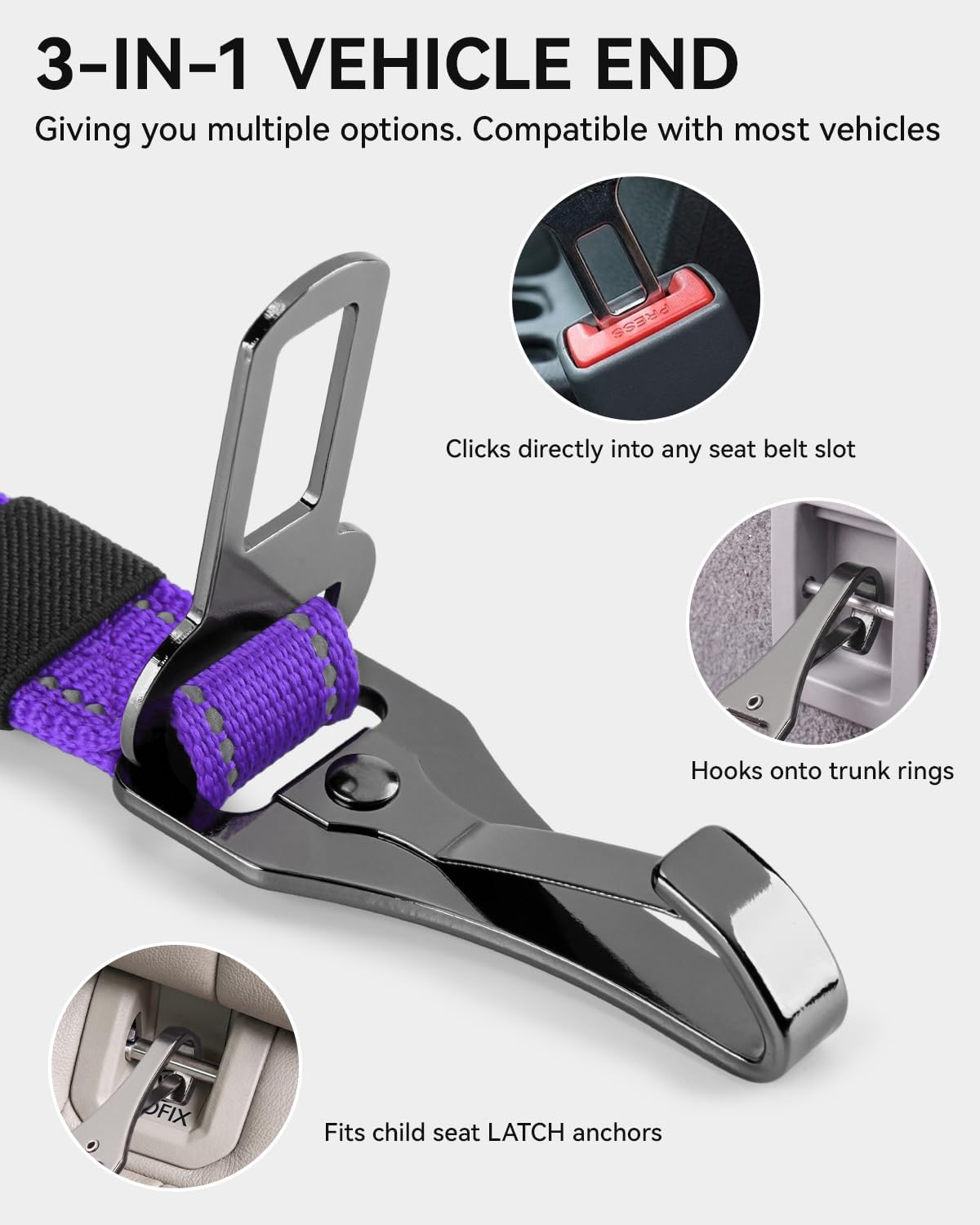 3-in-1 Bungee Dog Seat Belt for Car, Medium and Large Dogs, Black