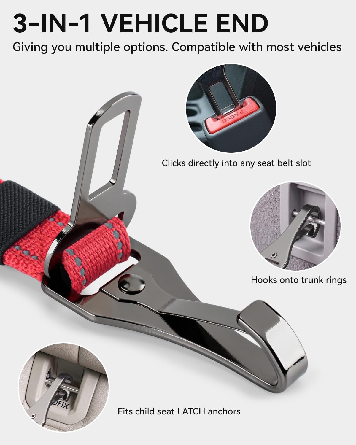 3-in-1 Bungee Dog Seat Belt for Car, Medium and Large Dogs, Black