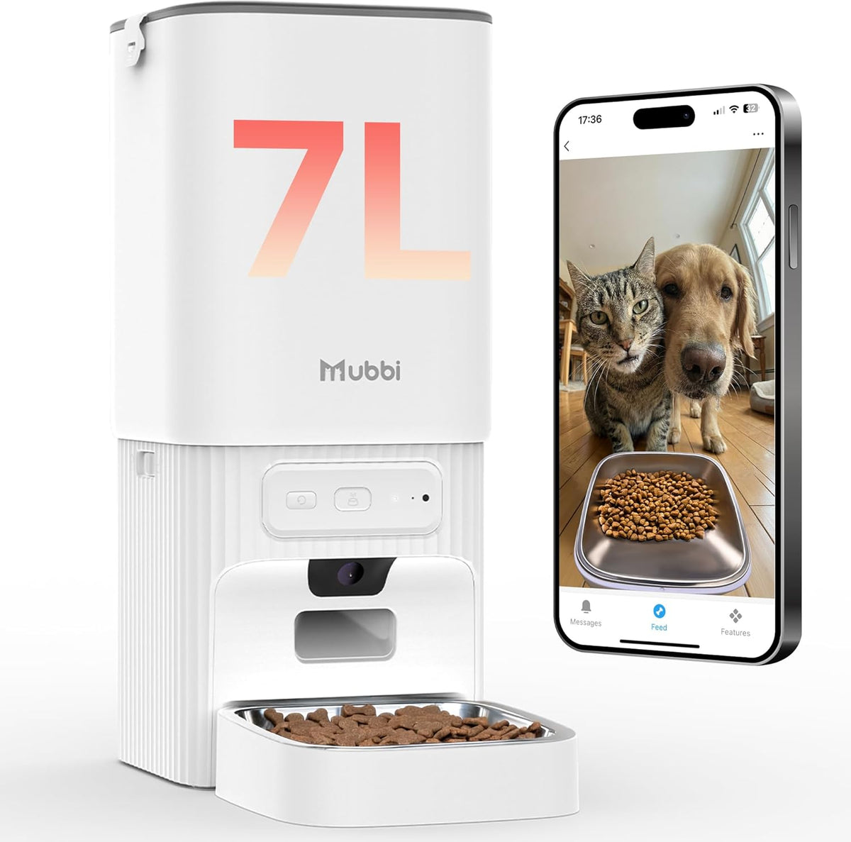 Automatic Dog Feeder with Elevated Stand - 7L Cat Food Dispenser with Large Food Tray, Timed Auto Cat Feeder for Dry Food, 6 Meals Per Day, No-Jam, Freshness Design, Detachable for Easy Clean
