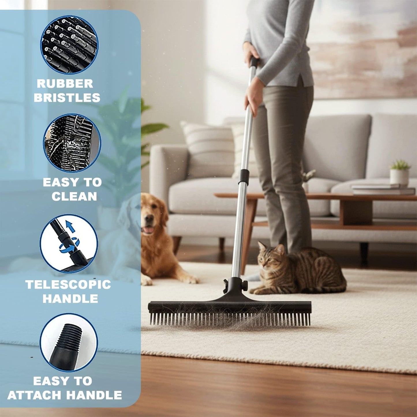 – 3 in 1 Pet Hair Removal Pro Life Carpet Rake with Adjustable Handle – Heavy Duty Dog & Cat Hair Remover for Carpet, Rug, Couch & Furniture – Reusable Lint Scraper Tool