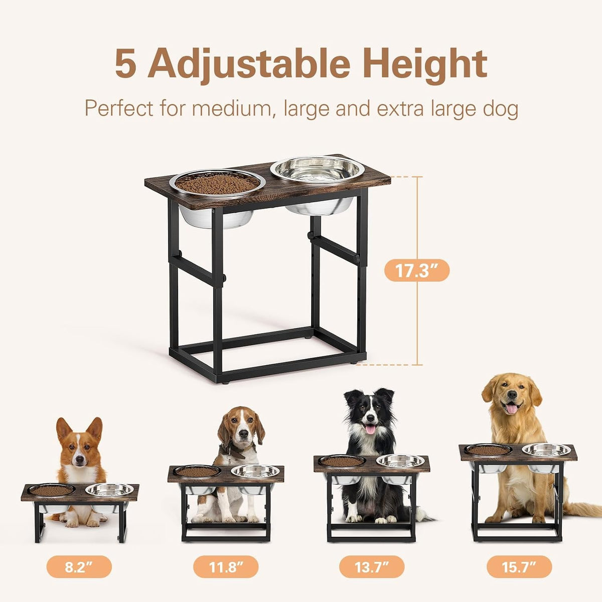 Zarler Elevated Dog Bowls for X-Large and Large Breed, 5 Adjustable Heights from 8.2'' - 17.3'', 2 Stainless Steel Bowls, 8.2'',11.8'',13.7'',15.7'',17.3'' Raised Dogs Food Bowl Stand