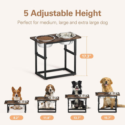 Zarler Elevated Dog Bowls for X-Large and Large Breed, 5 Adjustable Heights from 8.2'' - 17.3'', 2 Stainless Steel Bowls, 8.2'',11.8'',13.7'',15.7'',17.3'' Raised Dogs Food Bowl Stand
