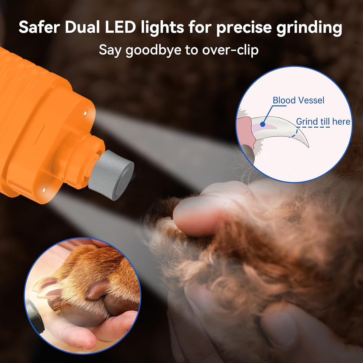 PAPIFFEED Dog Nail Grinder with LCD Display – Quiet Electric Nail Trimmer with Dual LED Light, Safe for Black & Thick Nails, Rechargeable for Small Medium Large Dogs & Cats (Blue)