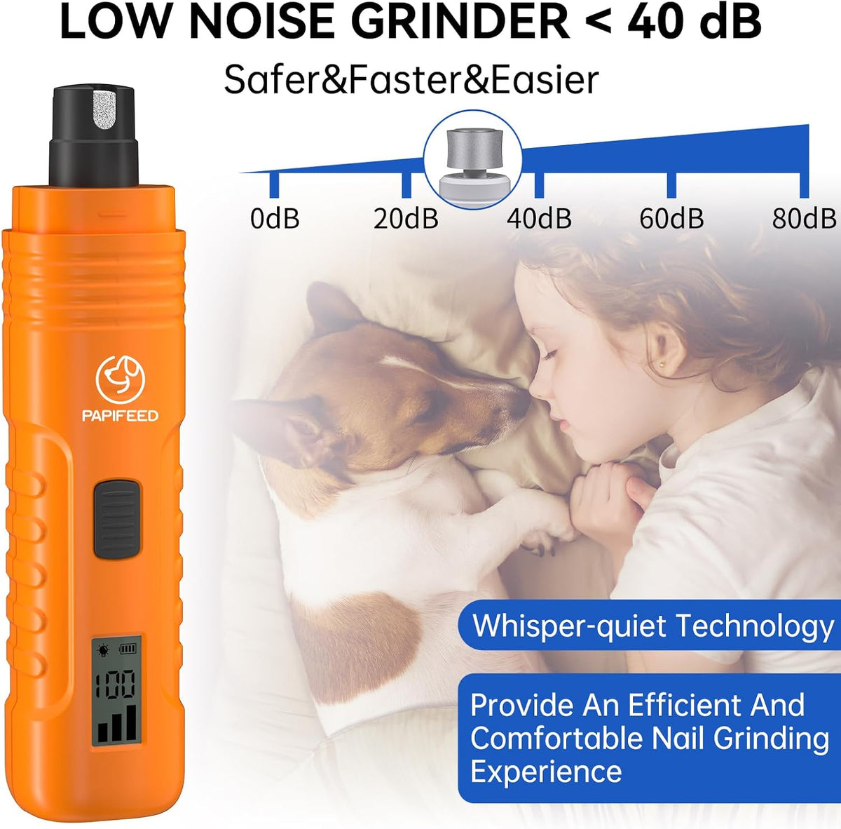 PAPIFFEED Dog Nail Grinder with LCD Display – Quiet Electric Nail Trimmer with Dual LED Light, Safe for Black & Thick Nails, Rechargeable for Small Medium Large Dogs & Cats (Blue)