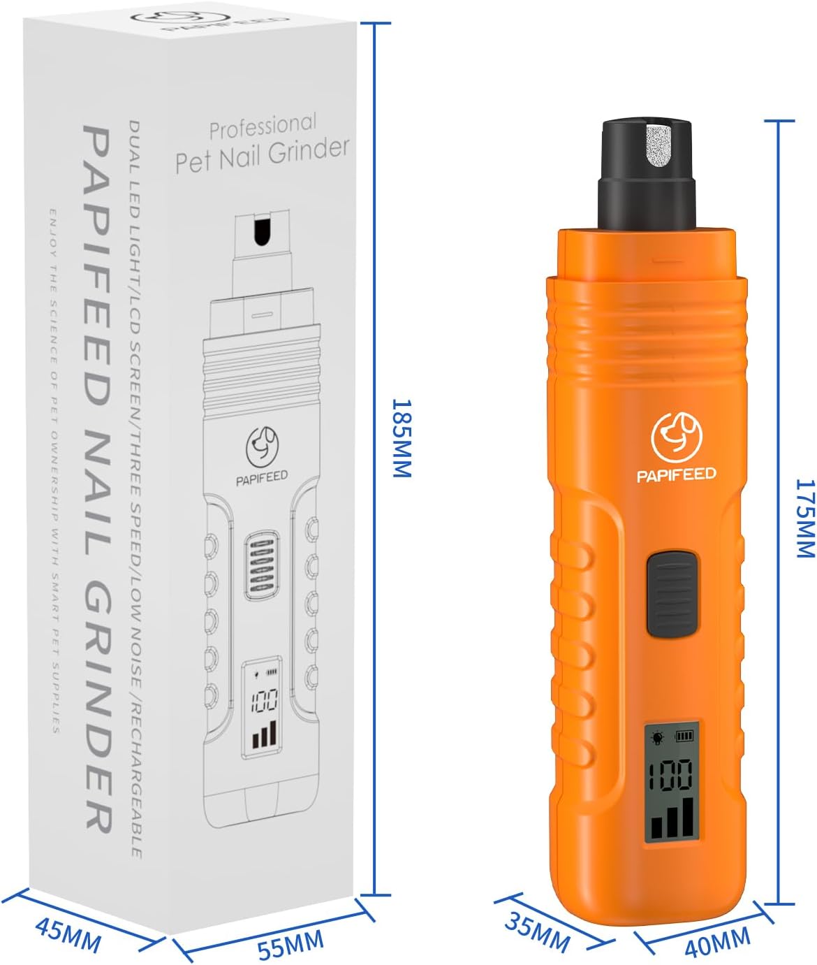PAPIFFEED Dog Nail Grinder with LCD Display – Quiet Electric Nail Trimmer with Dual LED Light, Safe for Black & Thick Nails, Rechargeable for Small Medium Large Dogs & Cats (Blue)