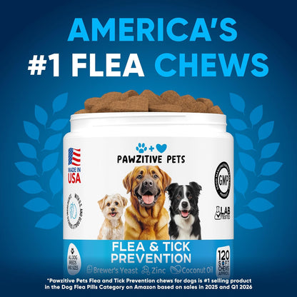Chewable Flea and Tick Prevention for Dogs - 120 Soft Chews Made in USA - Oral Flea and Tick Control Pills for Small, Medium, Large Dogs and Puppies - Skin and Coat Supplement Treats for All Breeds
