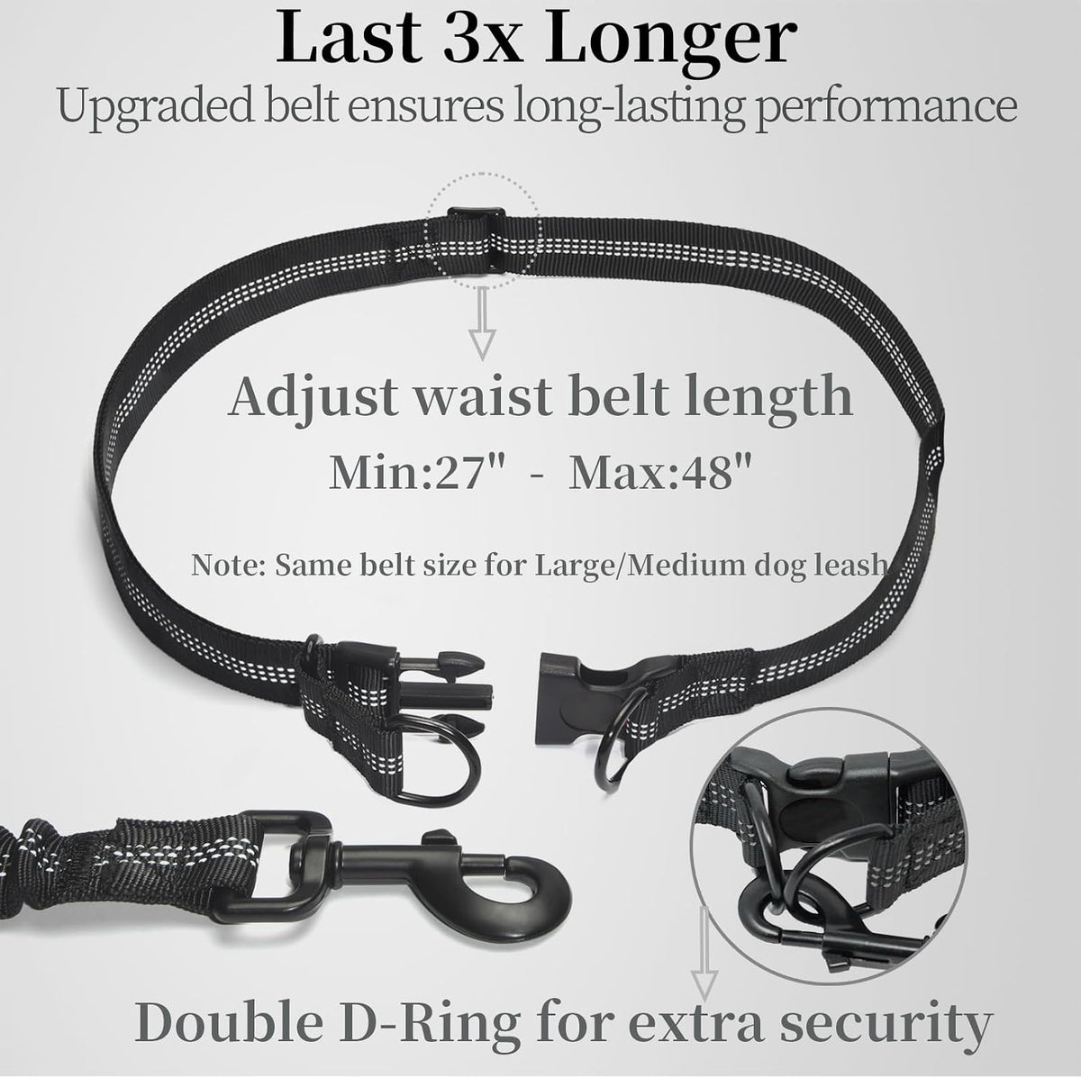 Hands Free Dog Leash with Zipper Pouch, Large, 25-120 lbs, Black