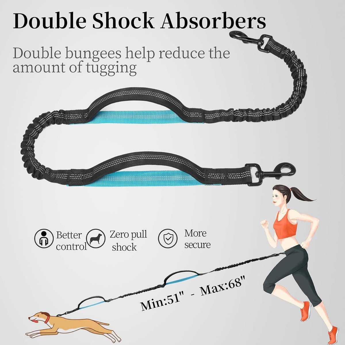 Hands Free Dog Leash with Zipper Pouch, Large, 25-120 lbs, Black