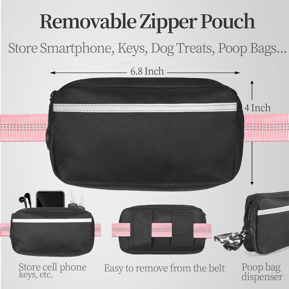 Hands Free Dog Leash with Zipper Pouch, Large, 25-120 lbs, Black