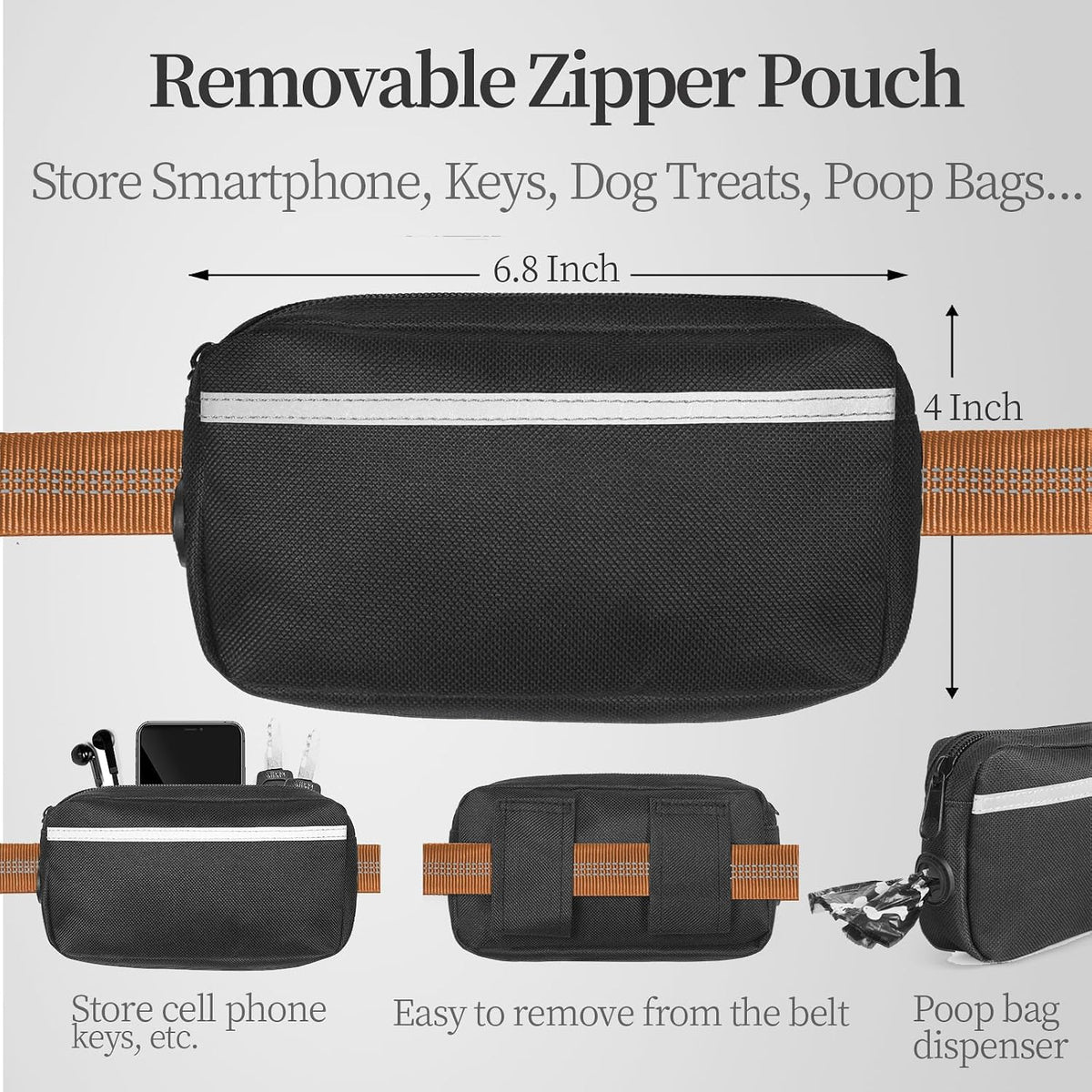 Hands Free Dog Leash with Zipper Pouch, Large, 25-120 lbs, Black