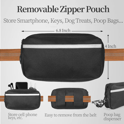 Hands Free Dog Leash with Zipper Pouch, Large, 25-120 lbs, Black