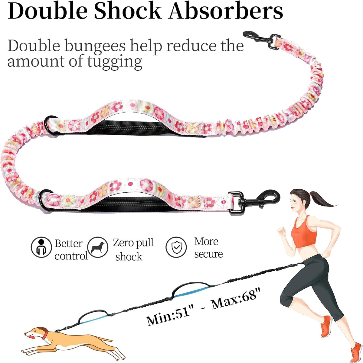 Hands Free Dog Leash with Zipper Pouch, Large, 25-120 lbs, Black