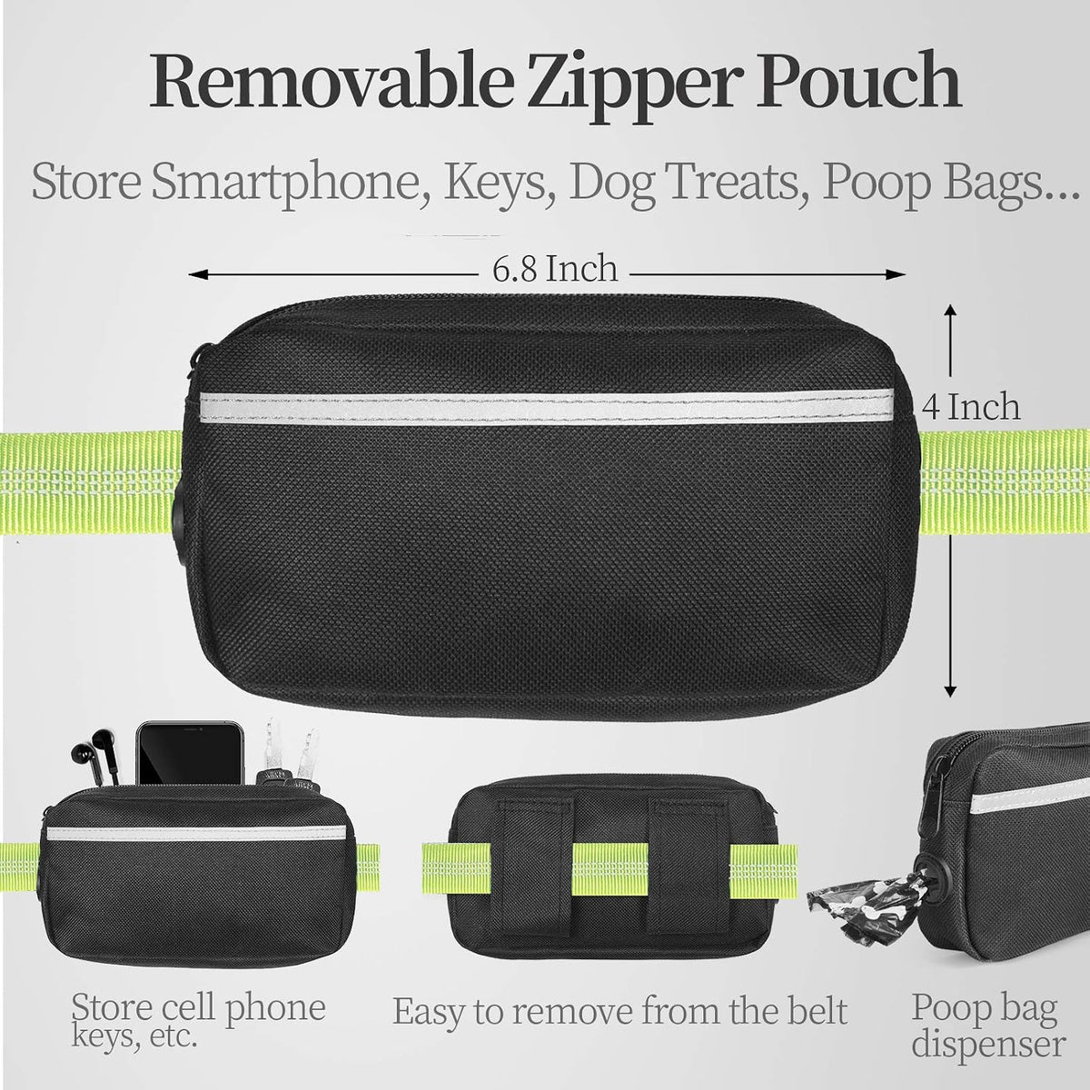 Hands Free Dog Leash with Zipper Pouch, Large, 25-120 lbs, Black