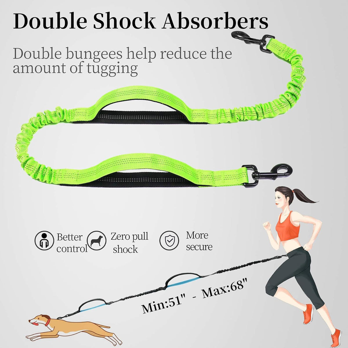 Hands Free Dog Leash with Zipper Pouch, Large, 25-120 lbs, Black
