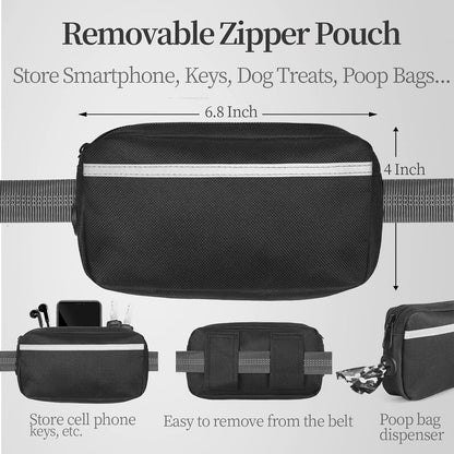 Hands Free Dog Leash with Zipper Pouch, Large, 25-120 lbs, Black
