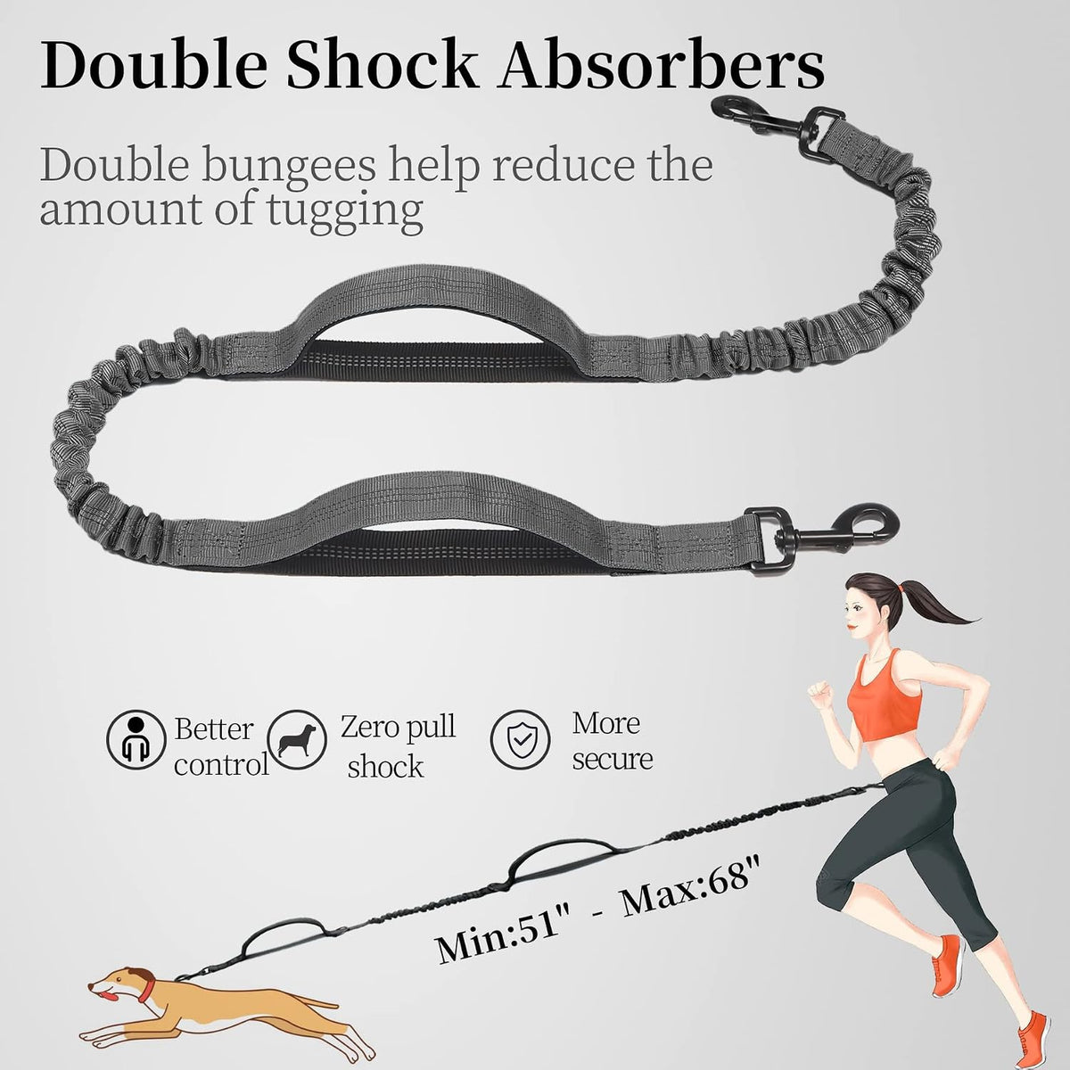 Hands Free Dog Leash with Zipper Pouch, Large, 25-120 lbs, Black