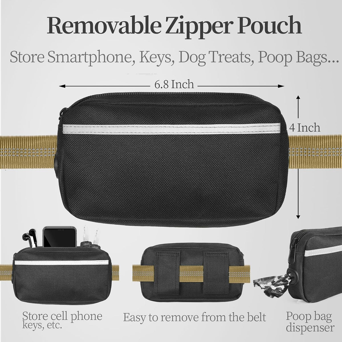 Hands Free Dog Leash with Zipper Pouch, Large, 25-120 lbs, Black