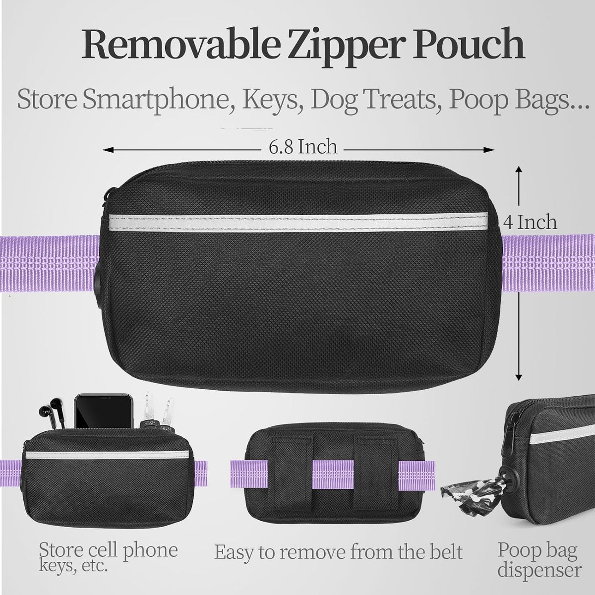 Hands Free Dog Leash with Zipper Pouch, Large, 25-120 lbs, Black