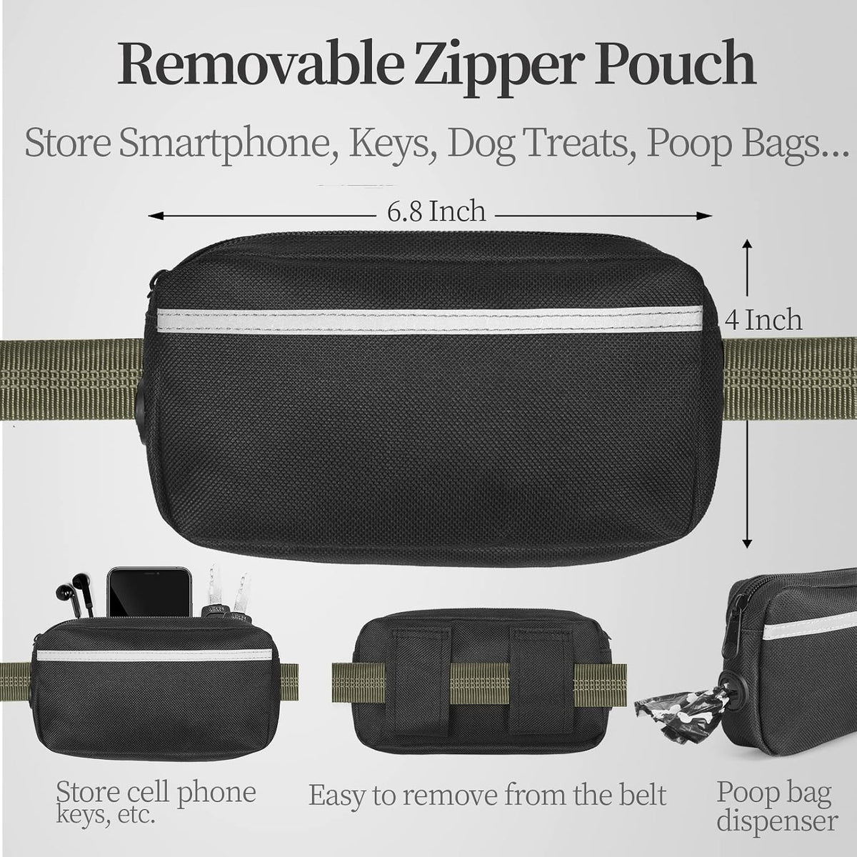Hands Free Dog Leash with Zipper Pouch, Large, 25-120 lbs, Black
