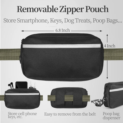 Hands Free Dog Leash with Zipper Pouch, Large, 25-120 lbs, Black