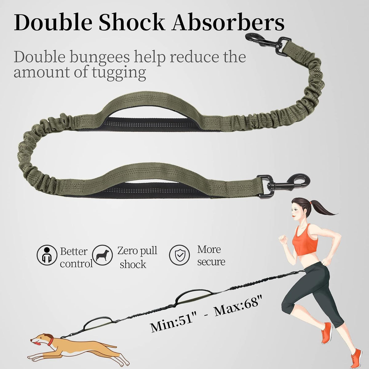 Hands Free Dog Leash with Zipper Pouch, Large, 25-120 lbs, Black