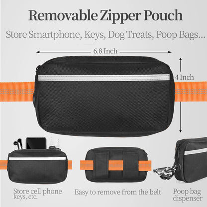 Hands Free Dog Leash with Zipper Pouch, Large, 25-120 lbs, Black