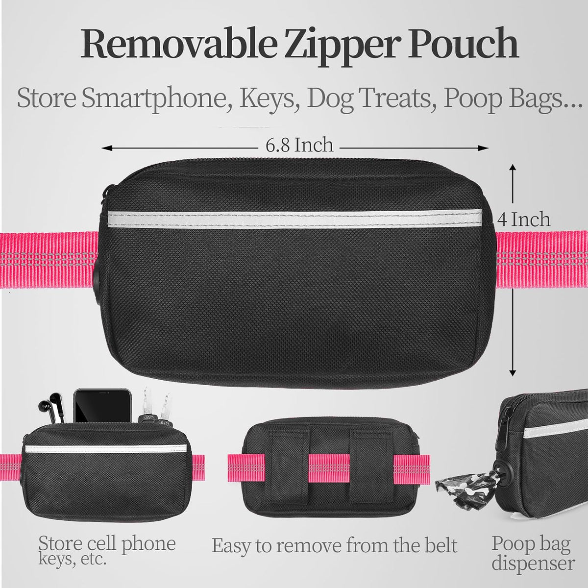 Hands Free Dog Leash with Zipper Pouch, Large, 25-120 lbs, Black
