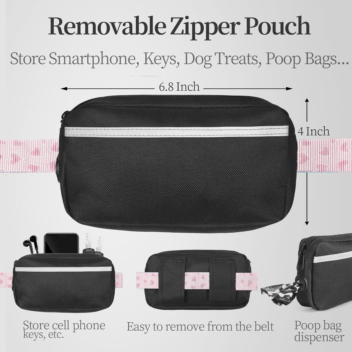 Hands Free Dog Leash with Zipper Pouch, Large, 25-120 lbs, Black