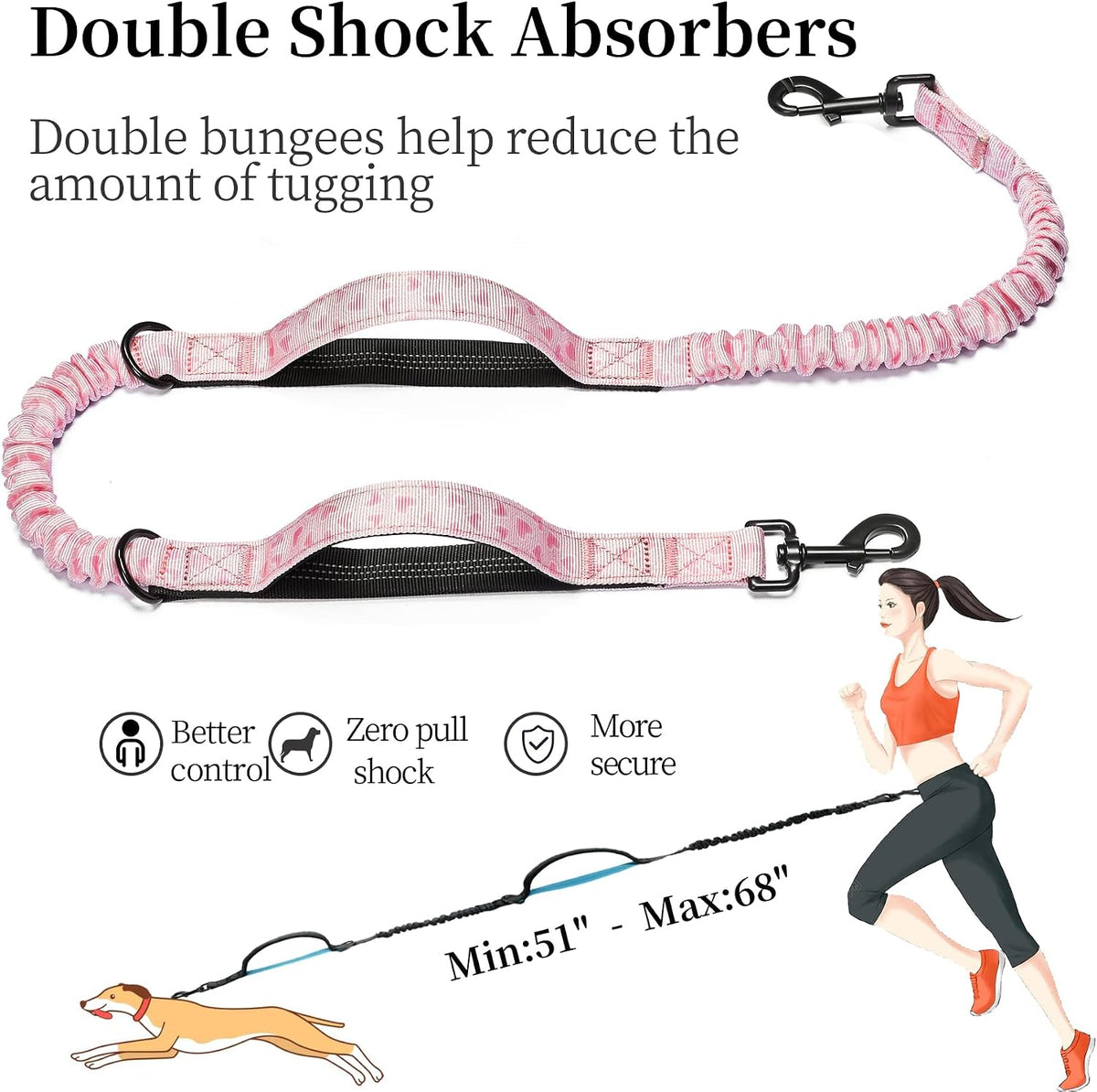 Hands Free Dog Leash with Zipper Pouch, Large, 25-120 lbs, Black