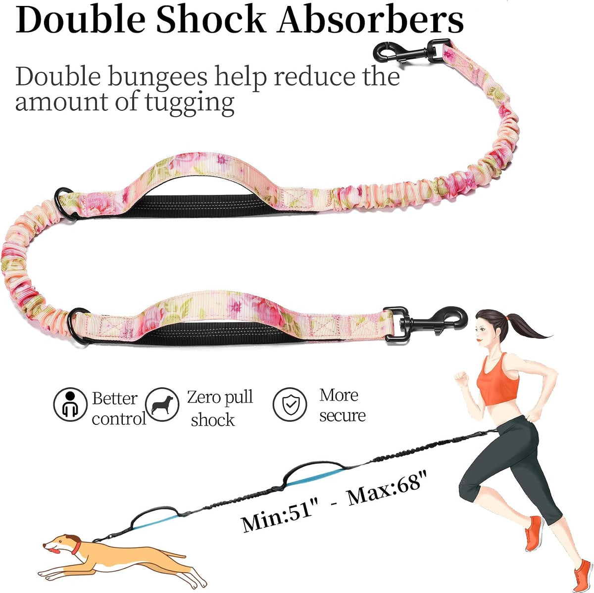 Hands Free Dog Leash with Zipper Pouch, Large, 25-120 lbs, Black
