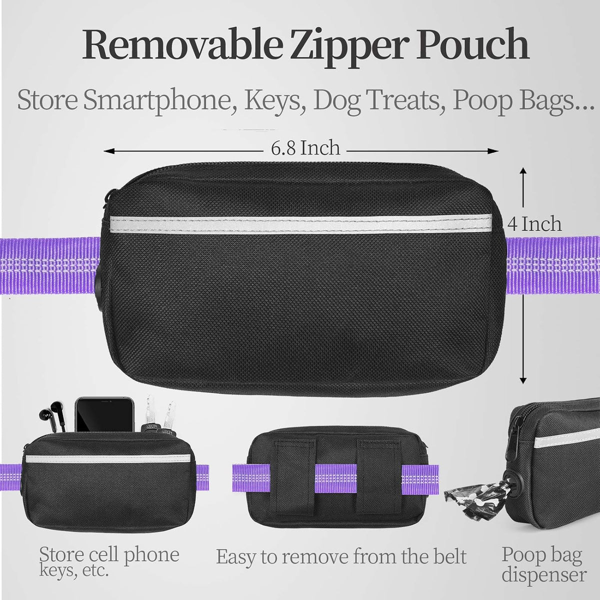 Hands Free Dog Leash with Zipper Pouch, Large, 25-120 lbs, Black