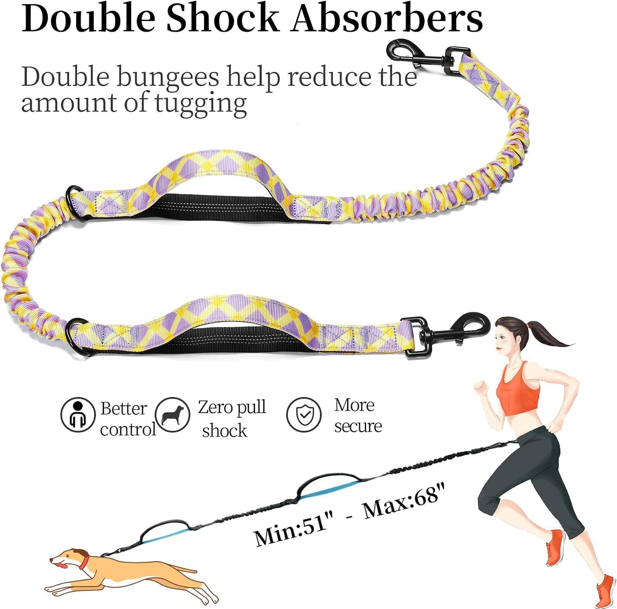 Hands Free Dog Leash with Zipper Pouch, Large, 25-120 lbs, Black