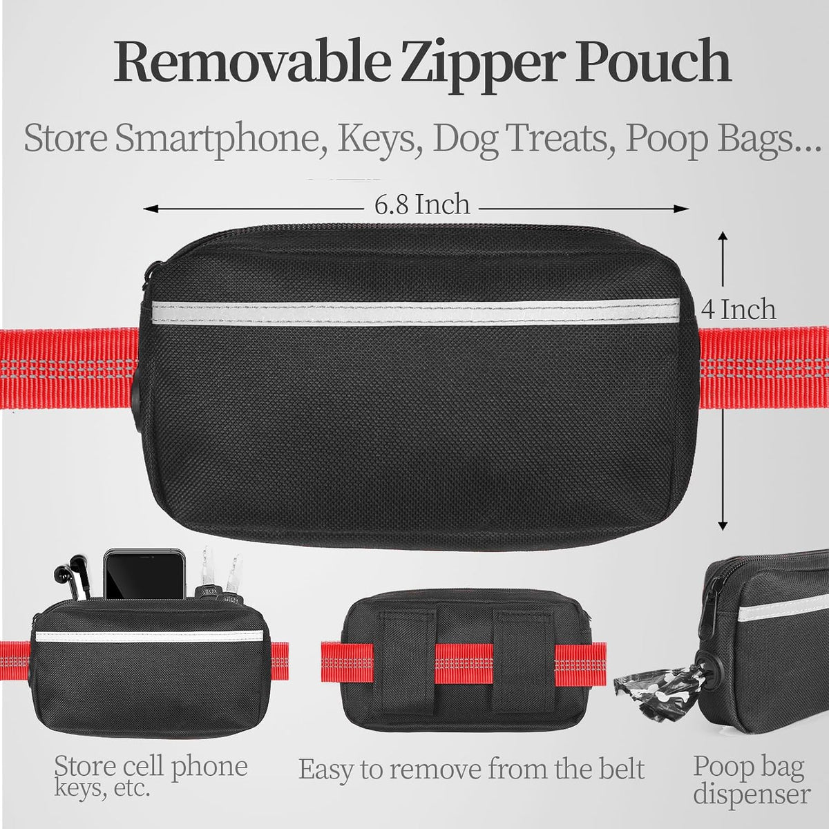 Hands Free Dog Leash with Zipper Pouch, Large, 25-120 lbs, Black
