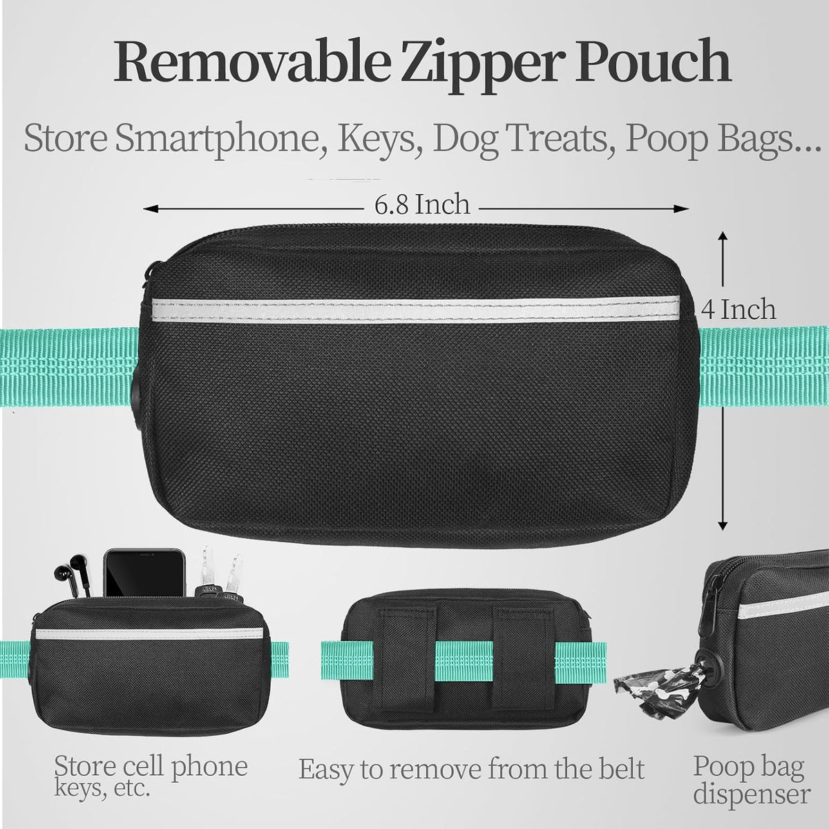 Hands Free Dog Leash with Zipper Pouch, Large, 25-120 lbs, Black