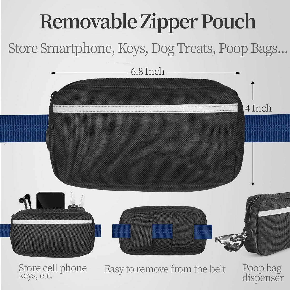 Hands Free Dog Leash with Zipper Pouch, Large, 25-120 lbs, Black