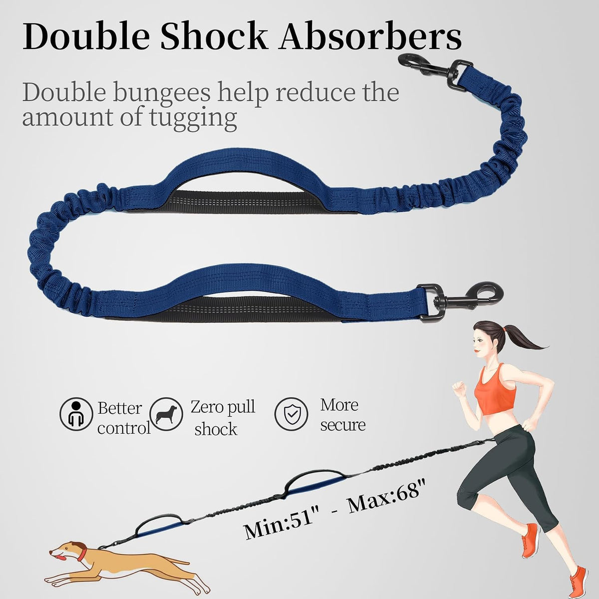 Hands Free Dog Leash with Zipper Pouch, Large, 25-120 lbs, Black